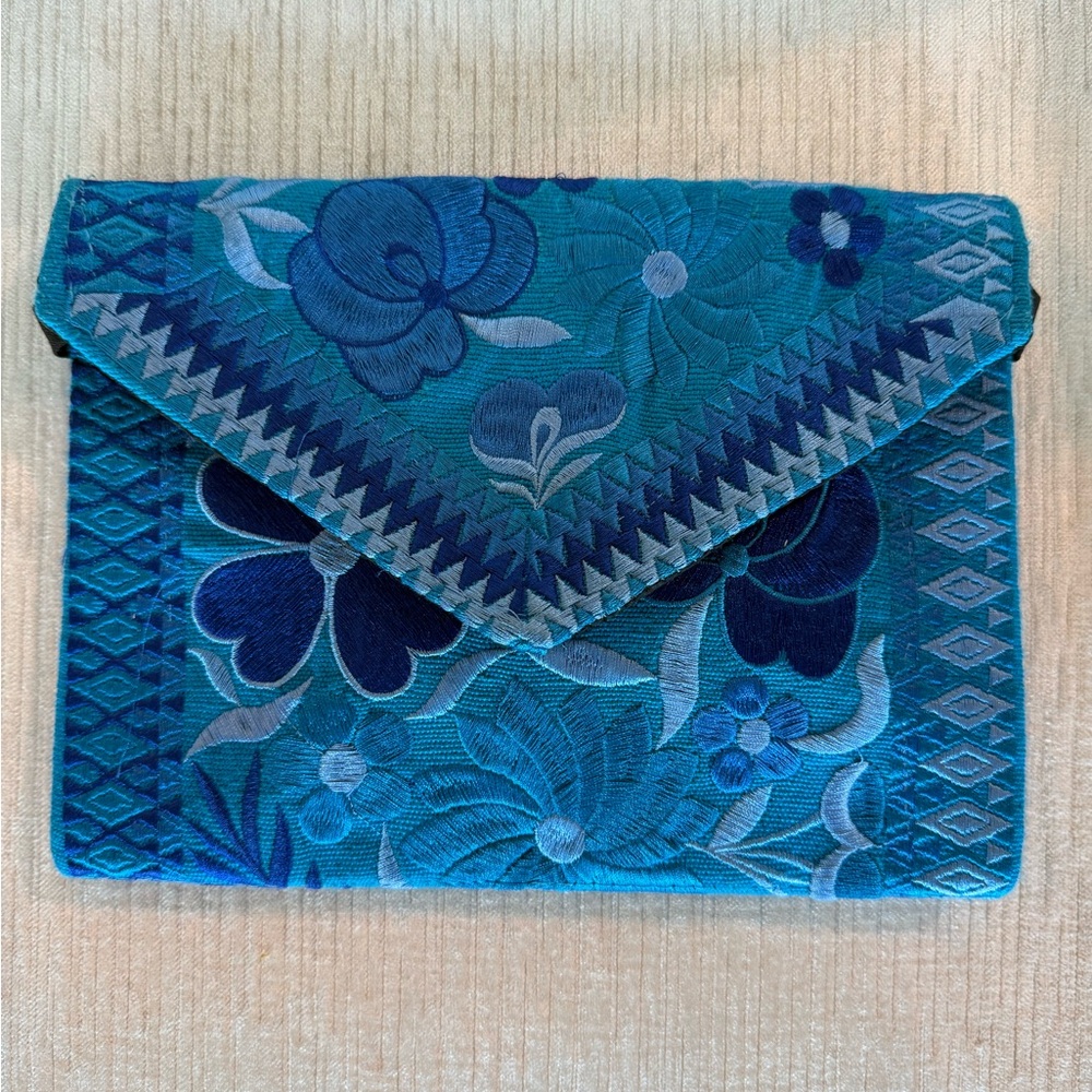 Teal Blue Embroidered Floral Envelope Clutch